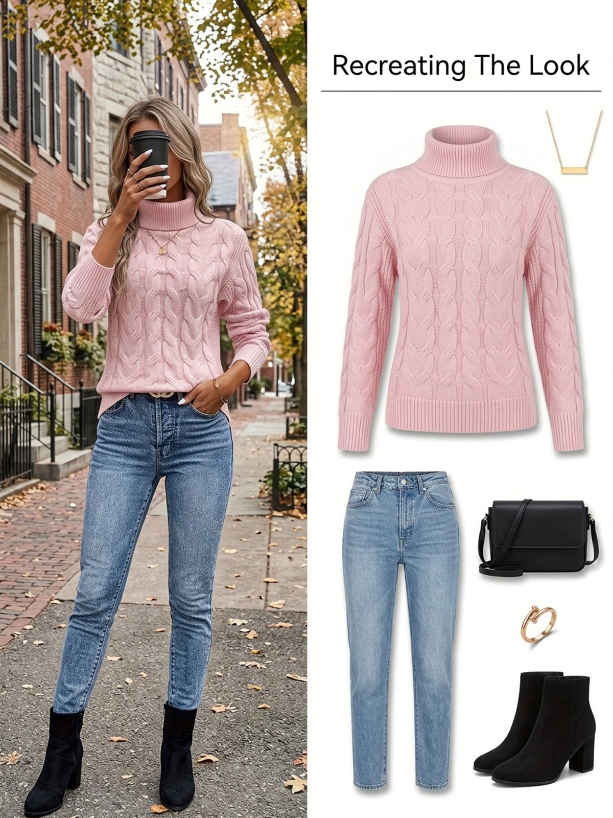 Women's Cable-Knit Turtleneck Sweater with Long Sleeves