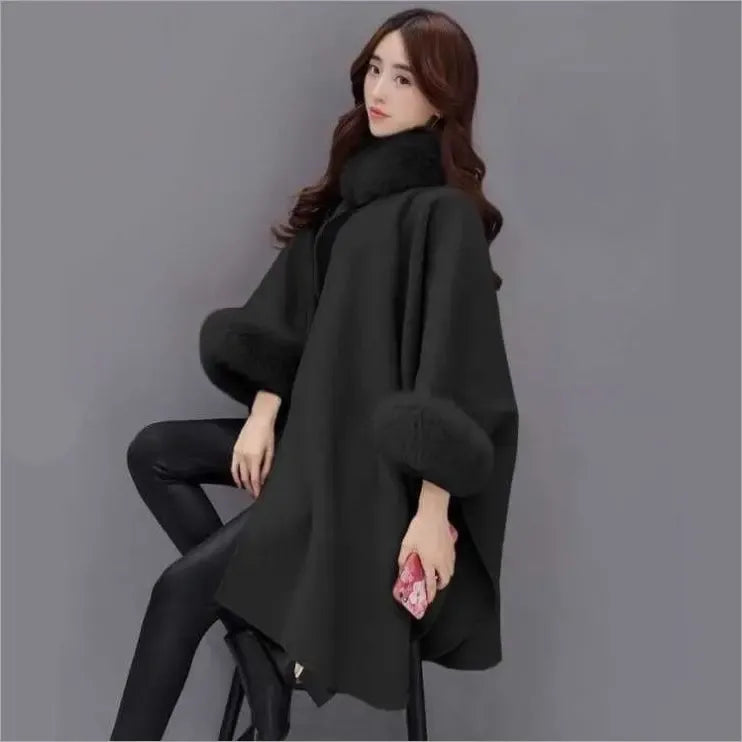 Women's Faux Fur Collar Cape Jacket with Flowing Silhouette