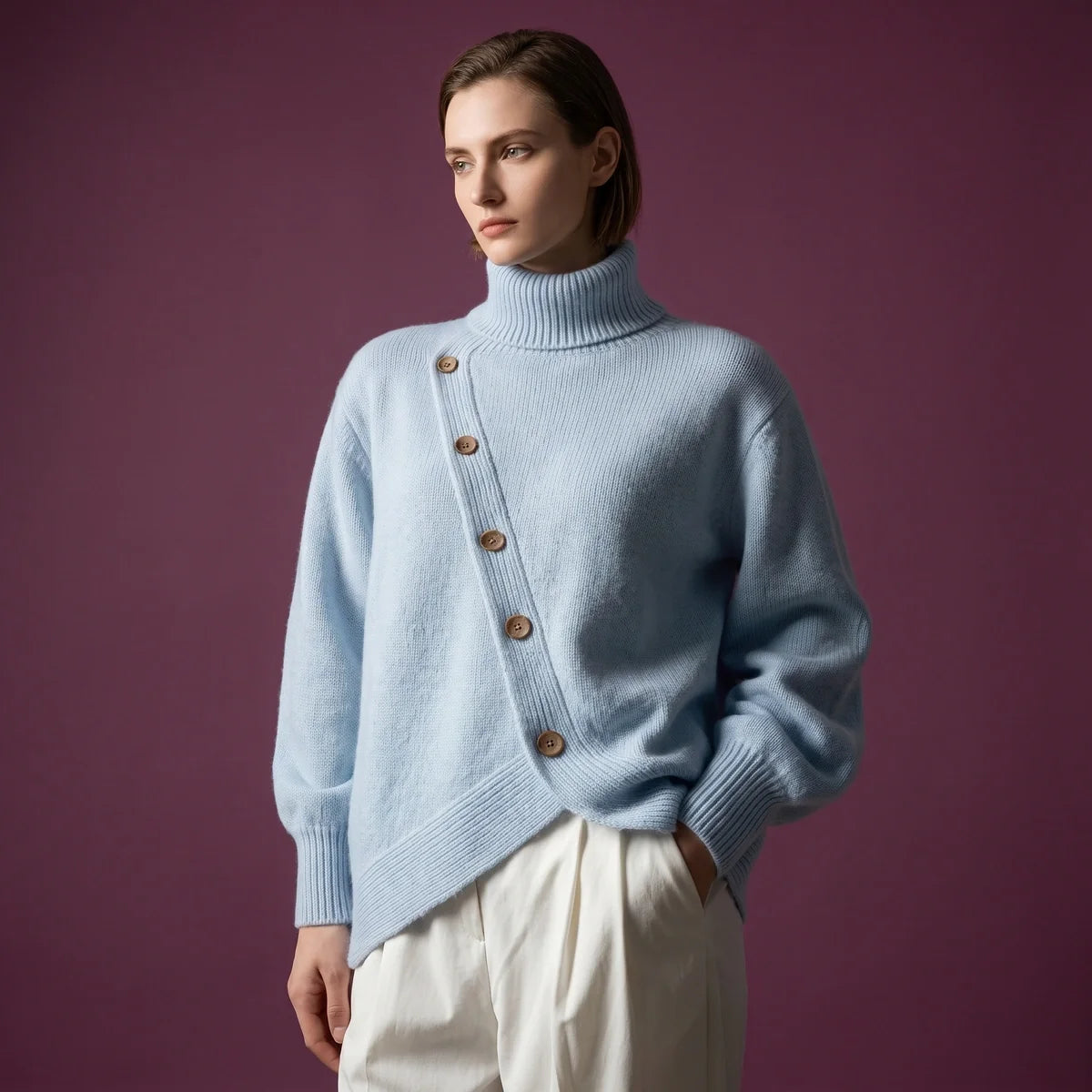 Eira High Neck Asymmetric Button Wrap Sweater