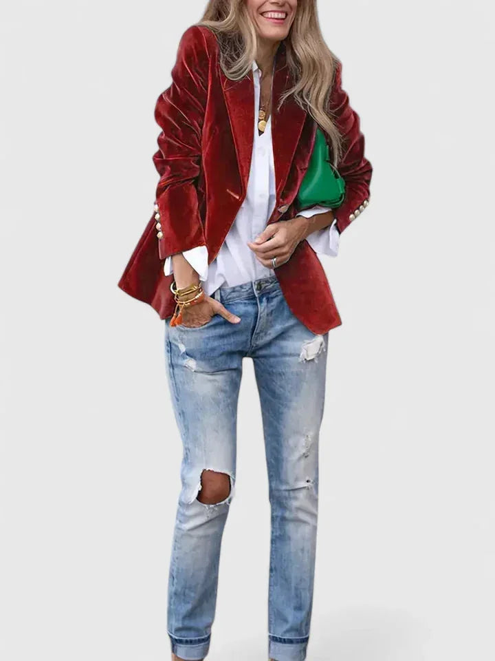 Women's velvet button-front notch lapel blazer with cuffs