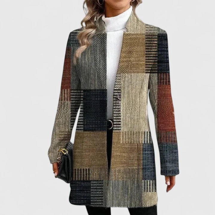 Women's check tweed button-front wool coat with patchwork pattern