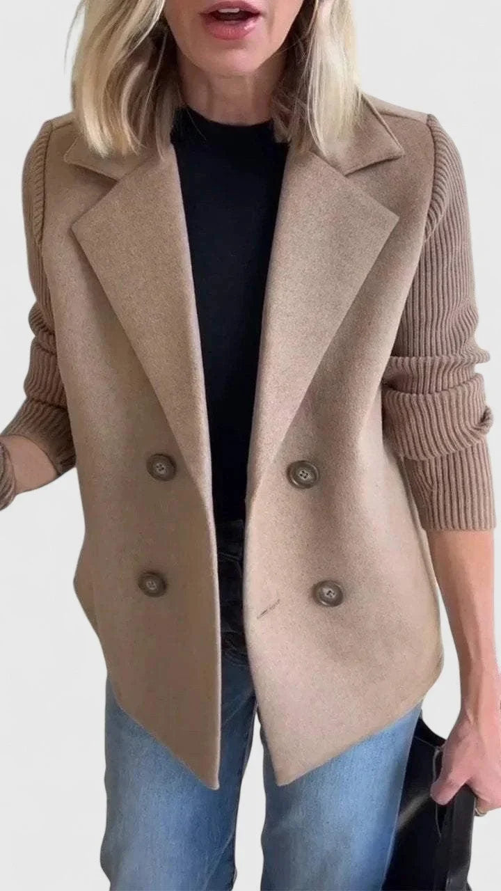 Women's wool double-breasted notch lapel blazer with ribbed knit sleeves