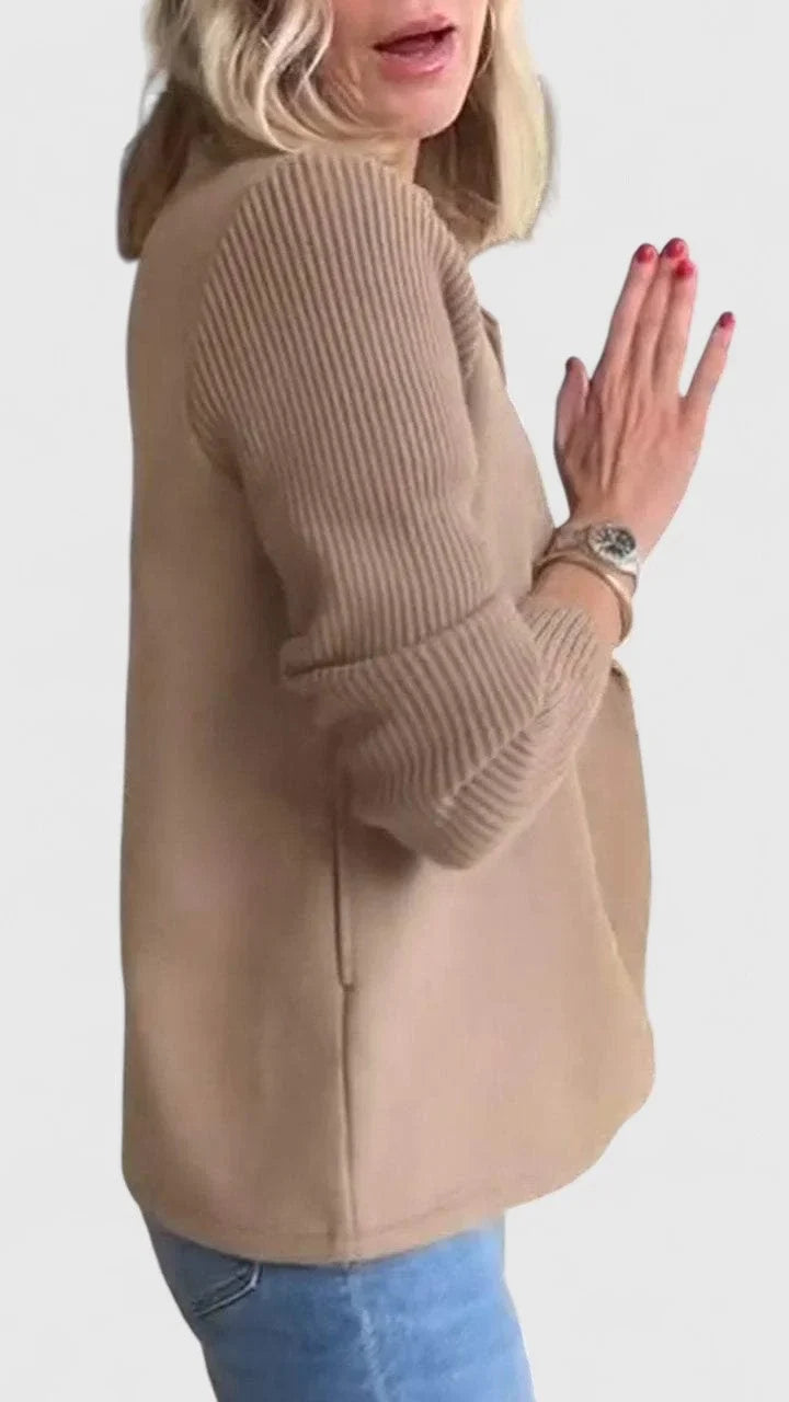 Women's wool double-breasted notch lapel blazer with ribbed knit sleeves