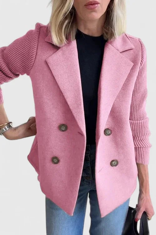 Women's wool double-breasted notch lapel blazer with ribbed knit sleeves