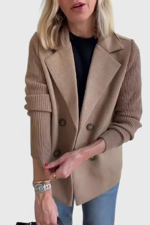 Women's wool double-breasted notch lapel blazer with ribbed knit sleeves