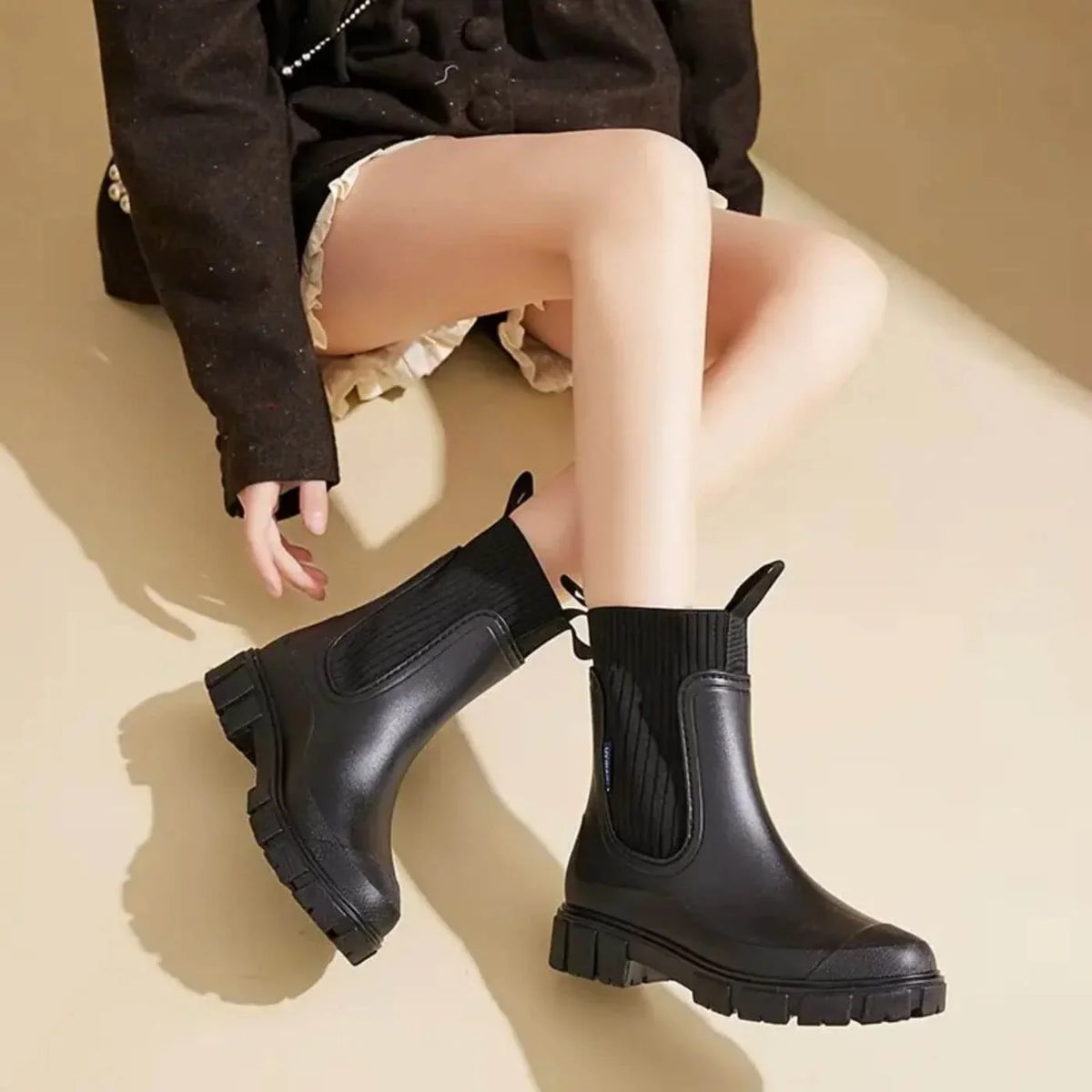 Women's ankle boots with ribbed knit shaft