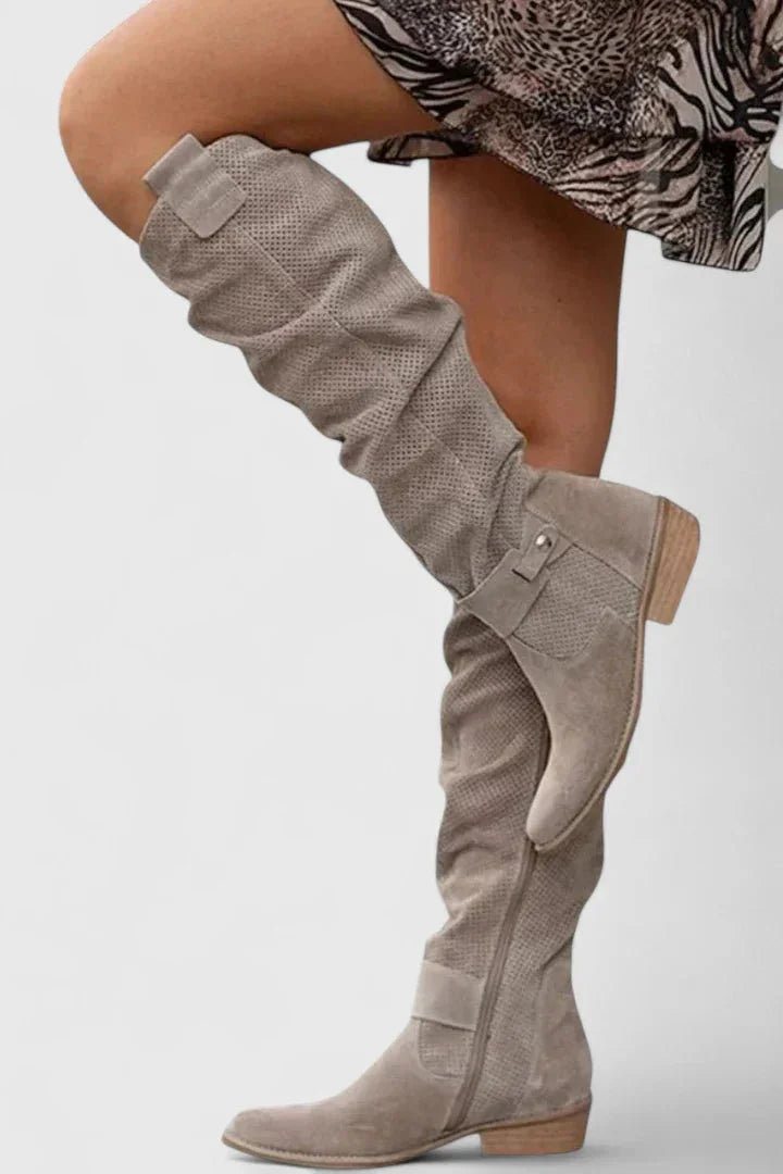 Women's suede side zip knee high boots with perforated shaft