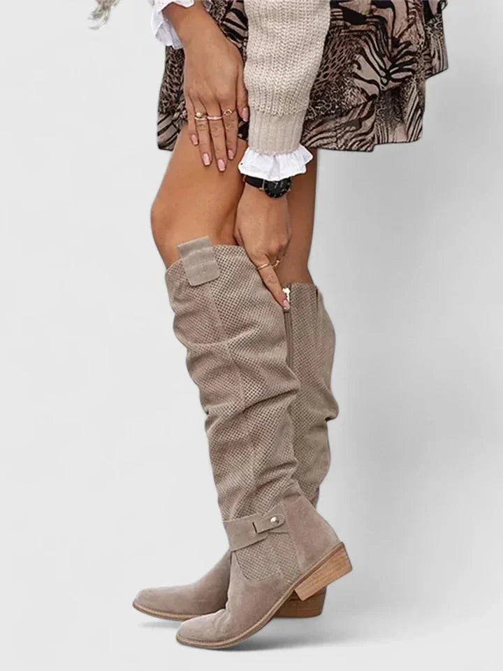Women's suede side zip knee high boots with perforated shaft