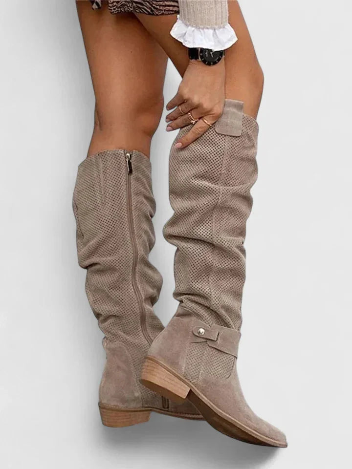 Women's suede side zip knee high boots with perforated shaft
