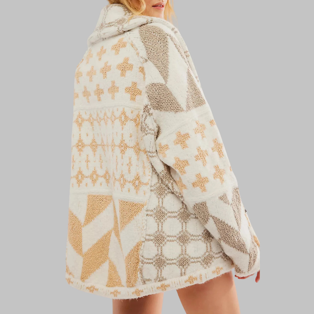 Women's knit open-front shawl collar cardigan with patchwork patterns