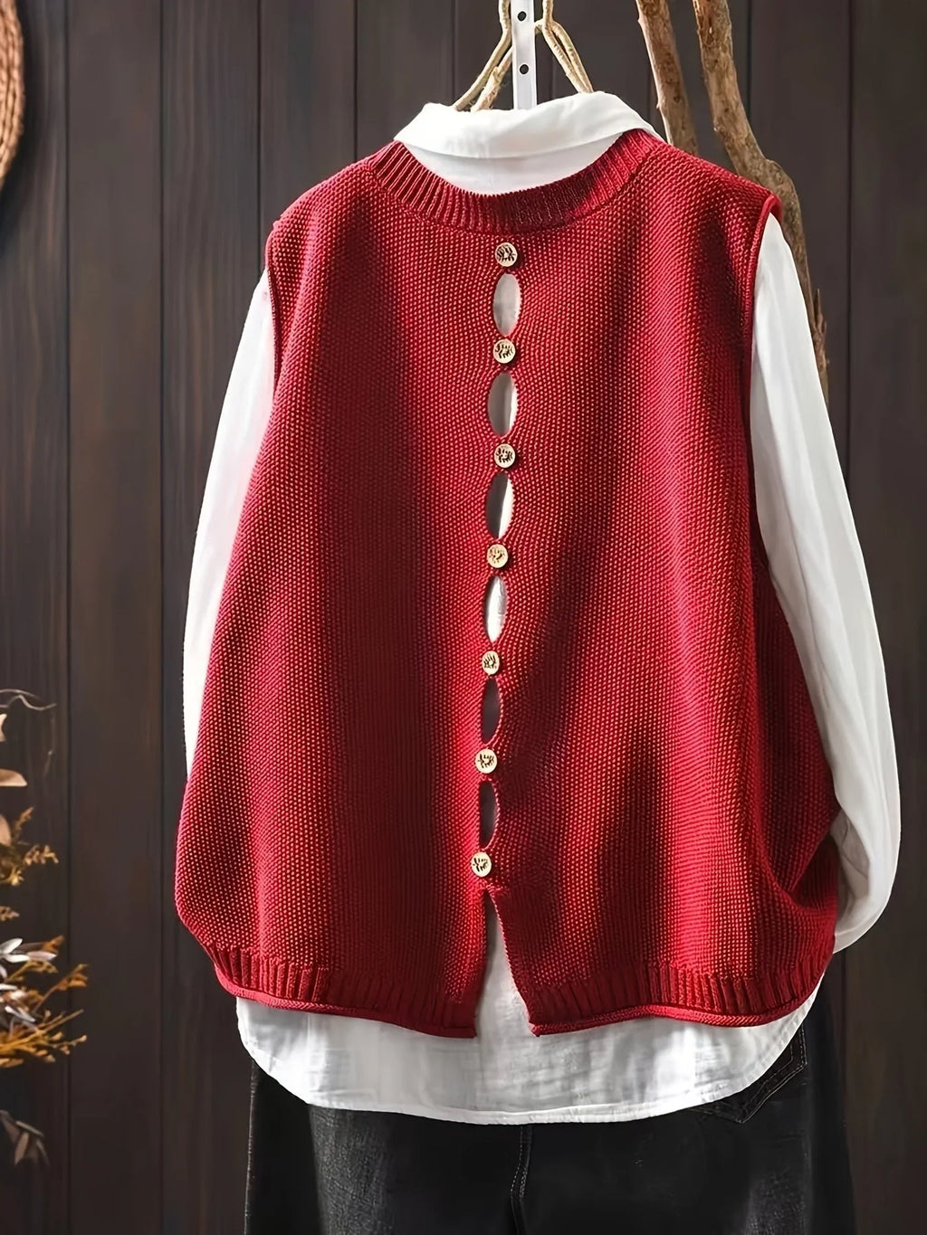Women's knit crew neck sweater with button-back detail