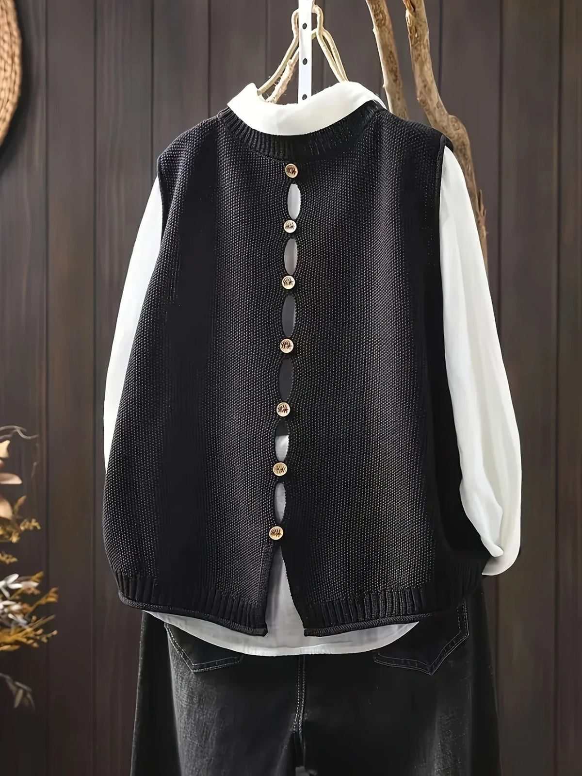 Women's knit crew neck sweater with button-back detail