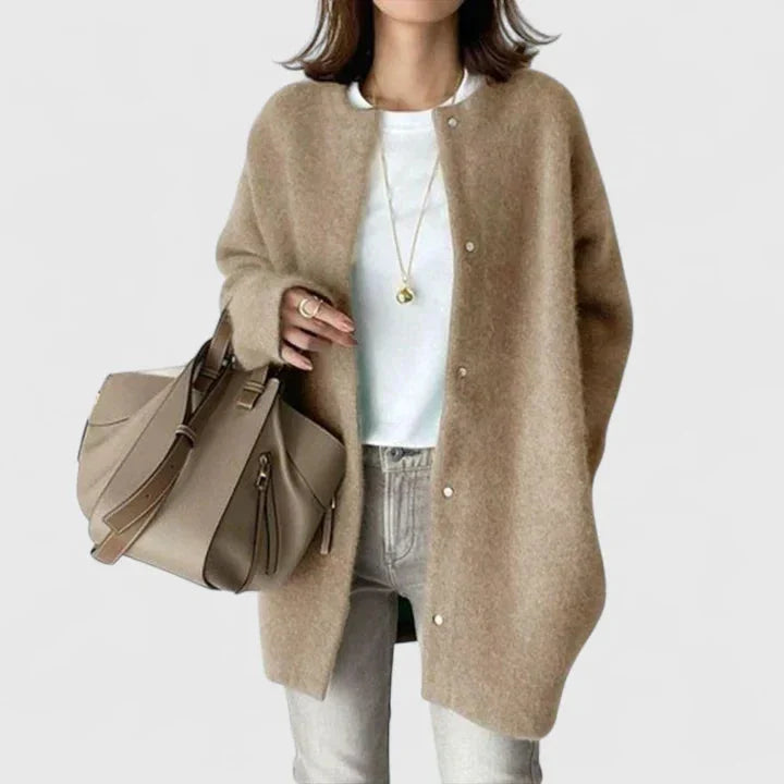 Women's knit button-front cardigan with dropped shoulder
