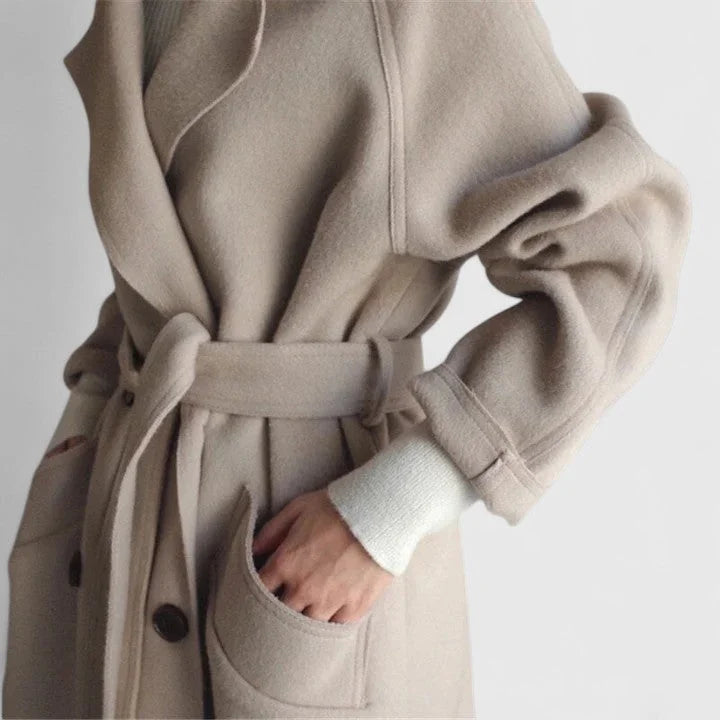 Women's double-breasted notch lapel wool coat with tie belt