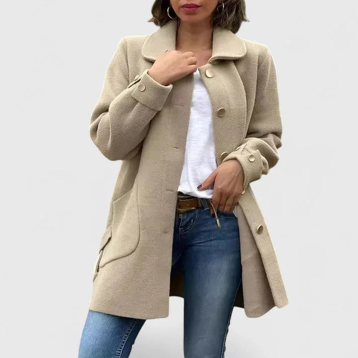 Women's button-front collared wool coat with large patch pockets