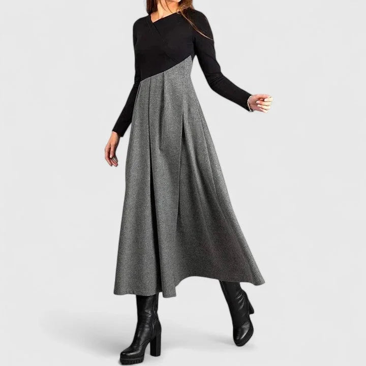 Women's colorblock v-neck midi dress with pleated skirt