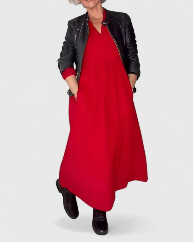 Women's knit v-neck midi dress with voluminous sleeves