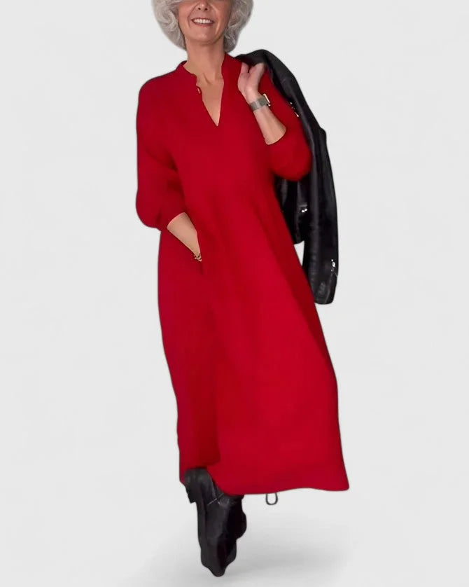 Women's knit v-neck midi dress with voluminous sleeves