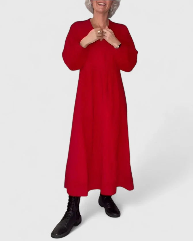 Women's knit v-neck midi dress with voluminous sleeves