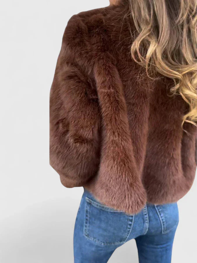 Women's faux fur zip-up stand collar jacket