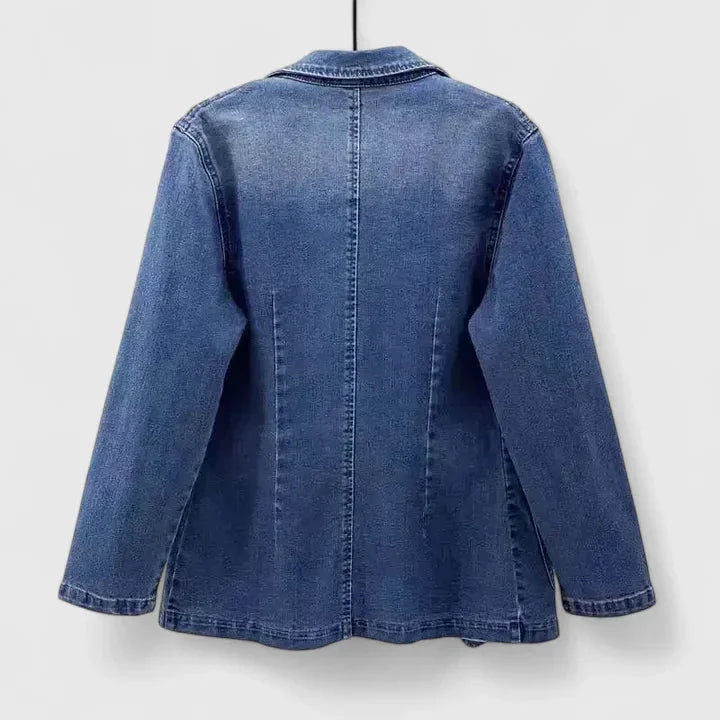 Women's denim button-front notch lapel blazer with two patch pockets