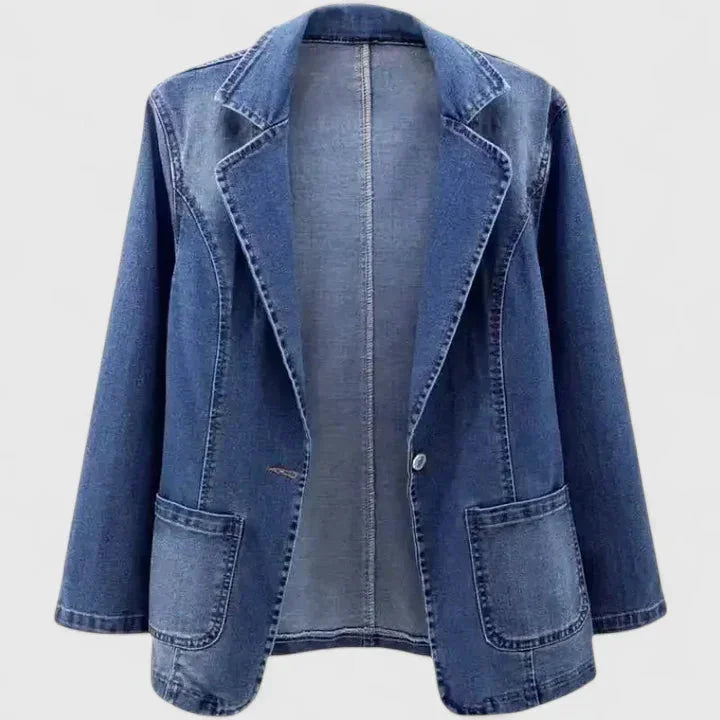 Women's denim button-front notch lapel blazer with two patch pockets