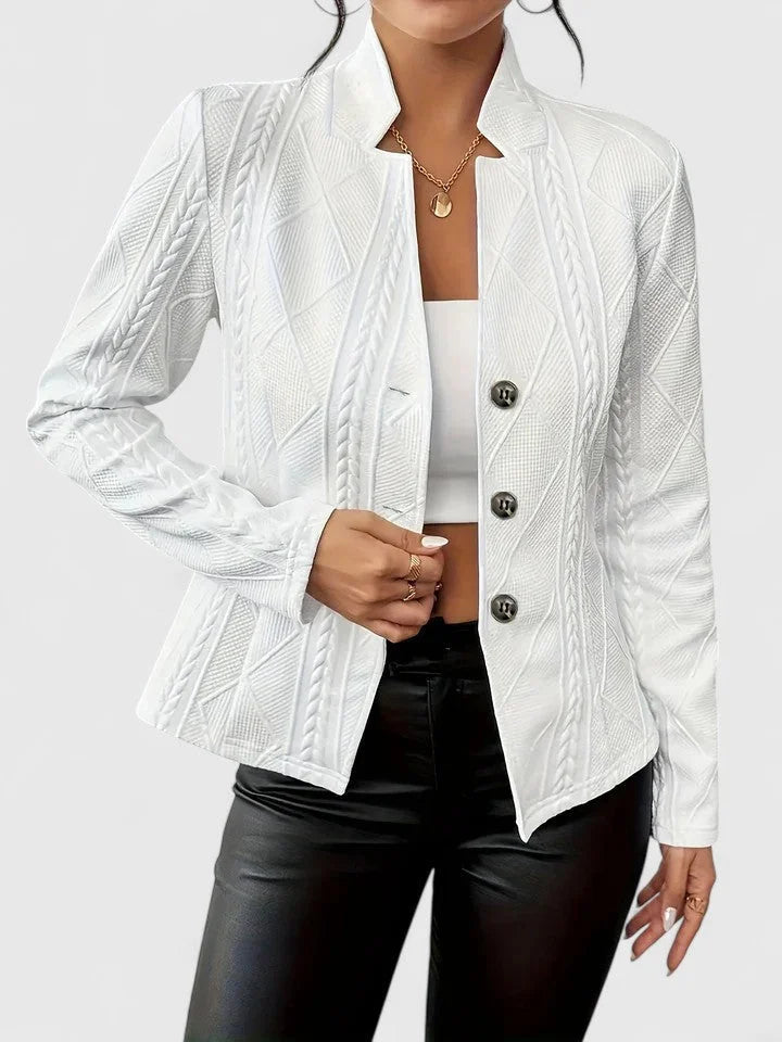 Women's knit button-front stand collar blazer with textured patterns