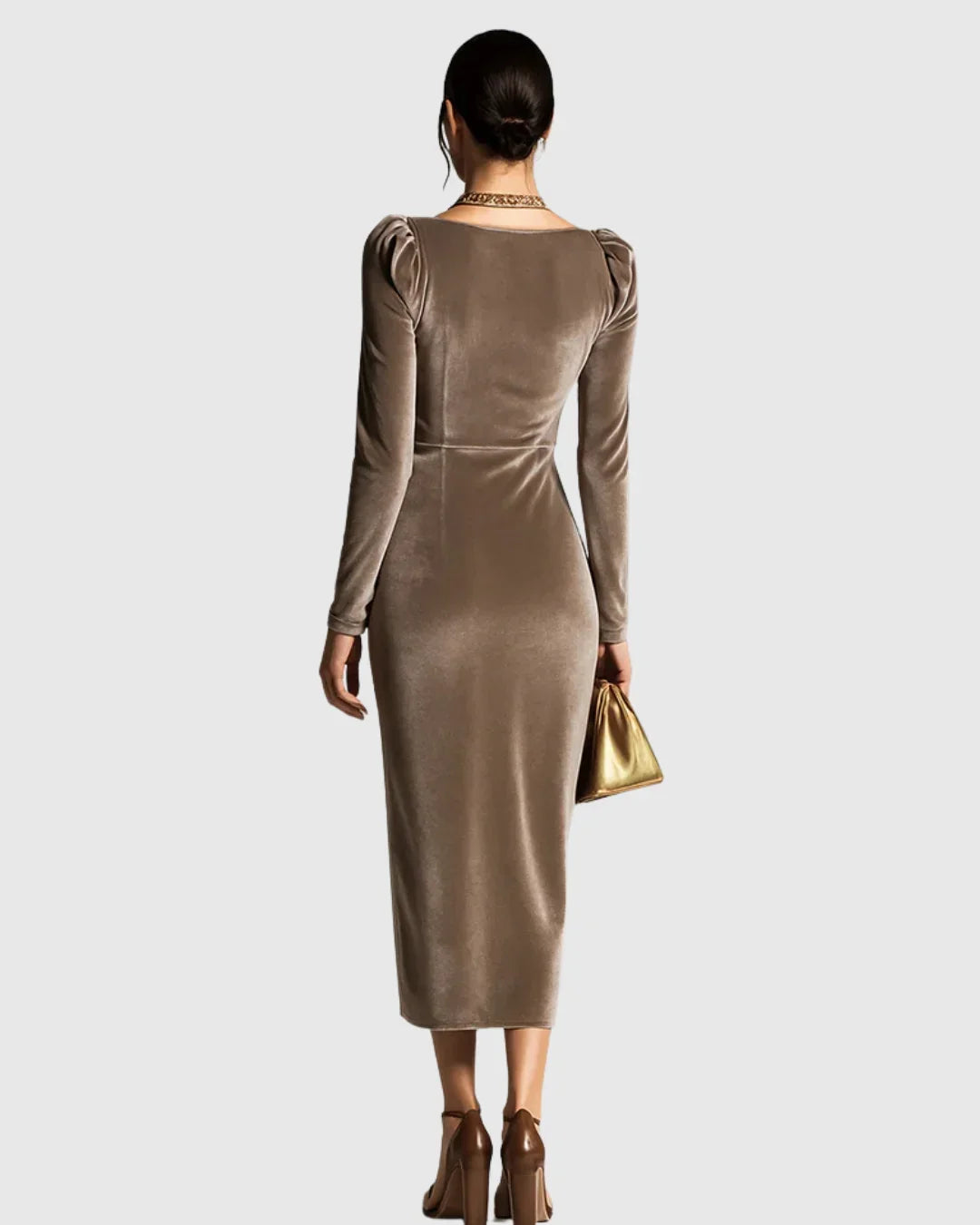 Women's velvet v-neck midi dress with decorative side buckle