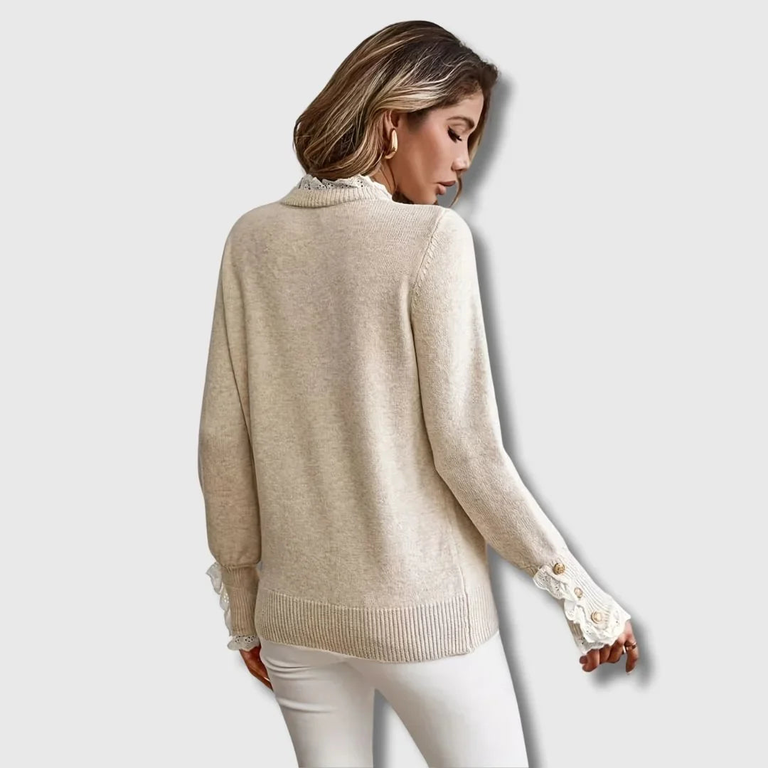 Women's knit crew neck sweater with lace trim cuffs