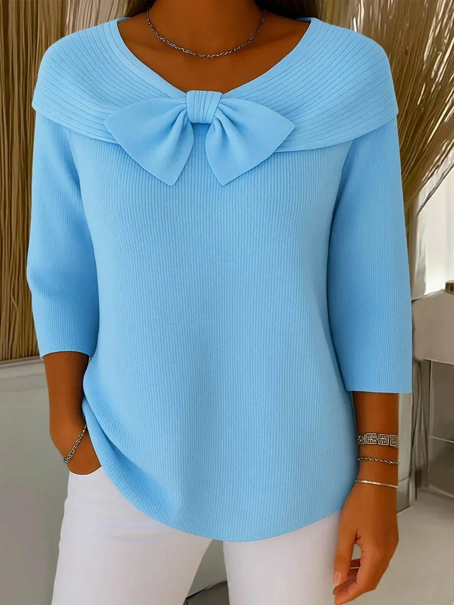 Women's ribbed v-neck sweater with bow collar
