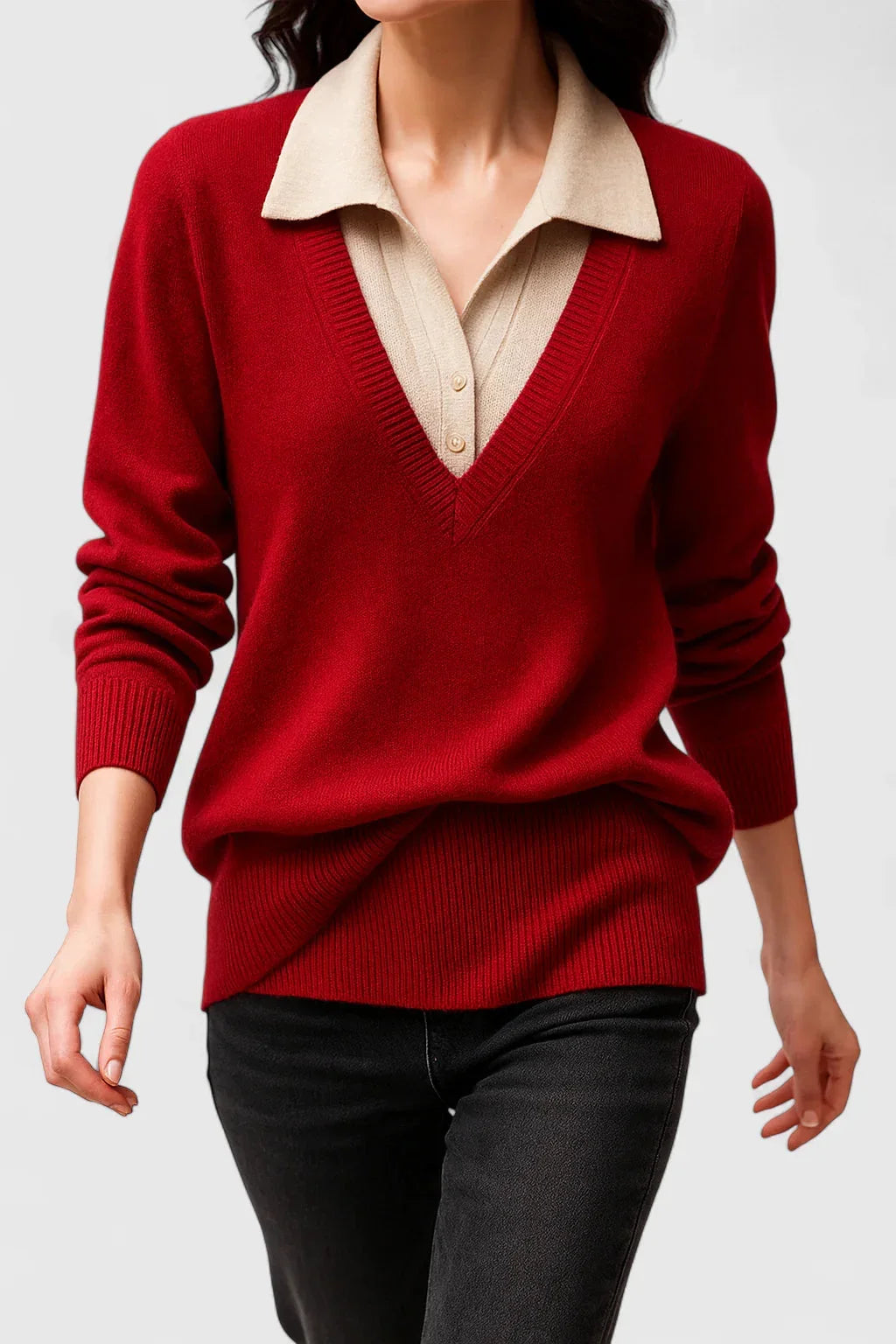 Women's knit collared sweater with contrast v-neck