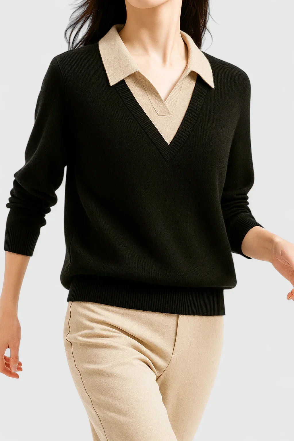 Women's knit collared sweater with contrast v-neck