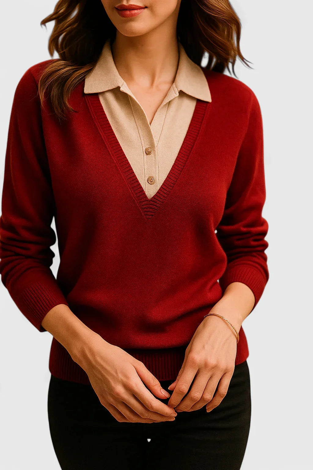 Women's knit collared sweater with contrast v-neck