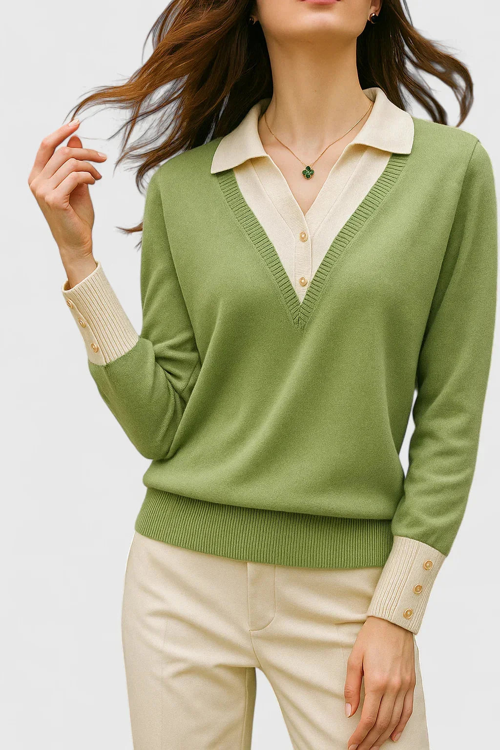 Women's knit collared sweater with contrast v-neck