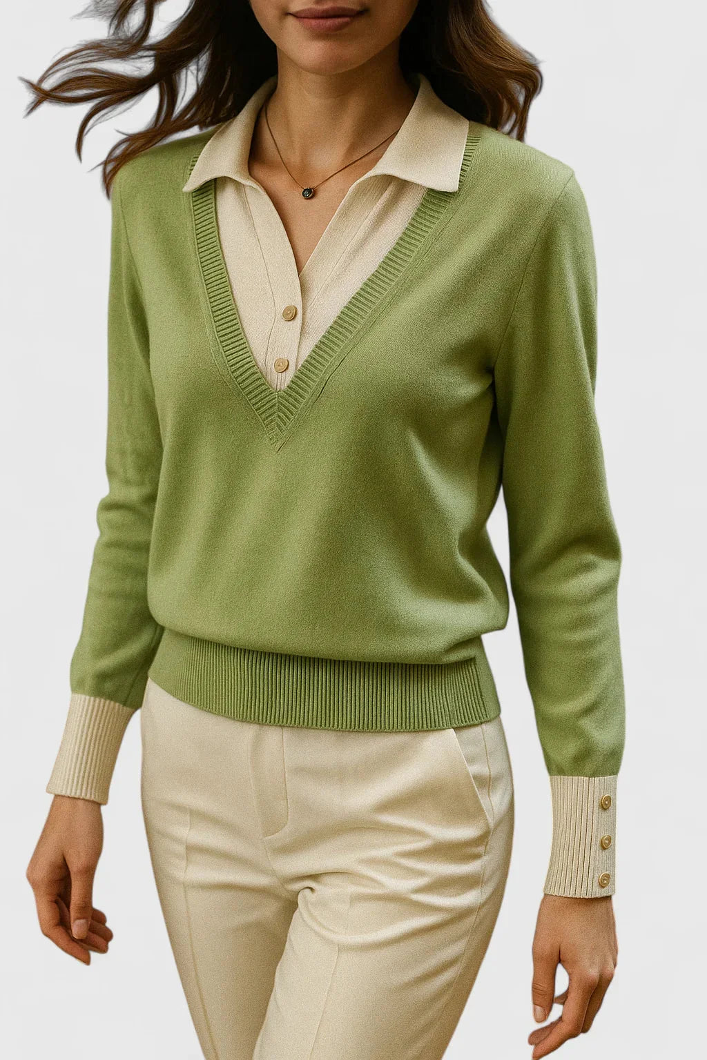 Women's knit collared sweater with contrast v-neck