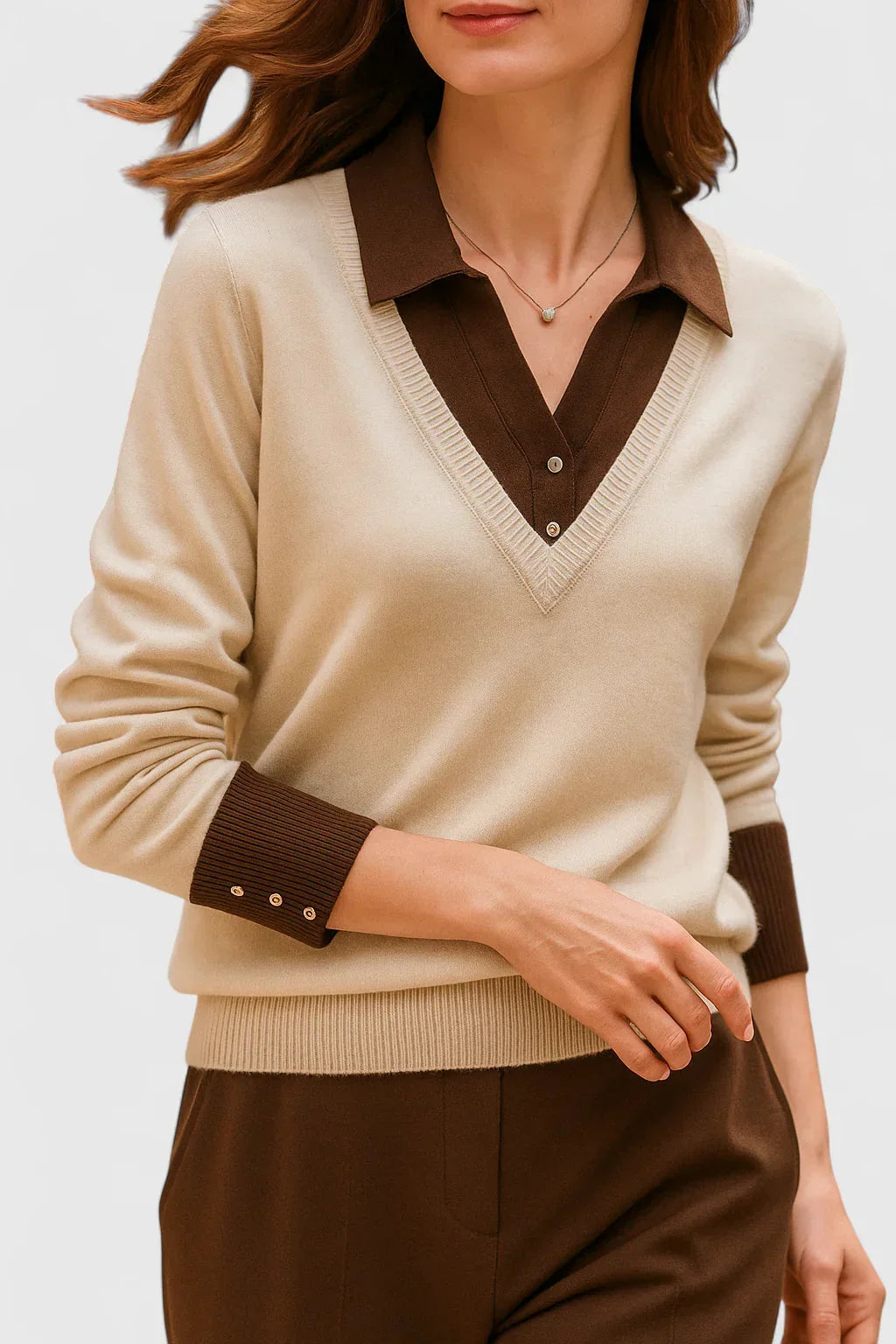 Women's knit collared sweater with contrast v-neck