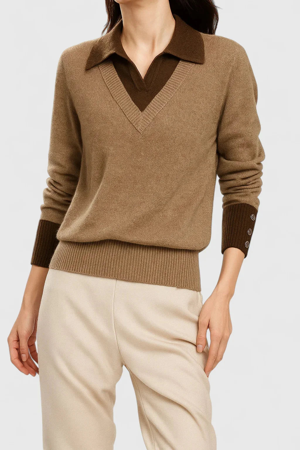 Women's knit collared sweater with contrast v-neck