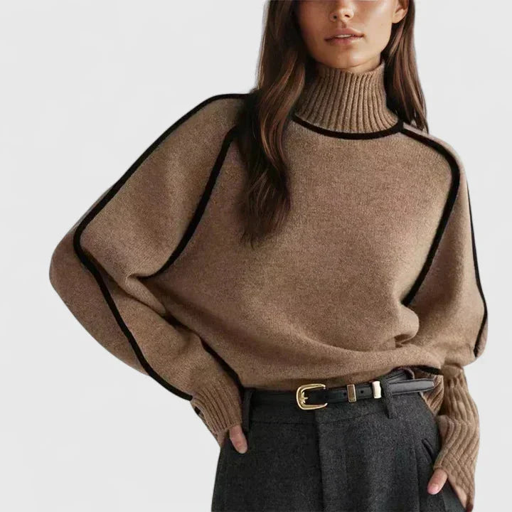 Women's knit roll neck sweater with contrast piping