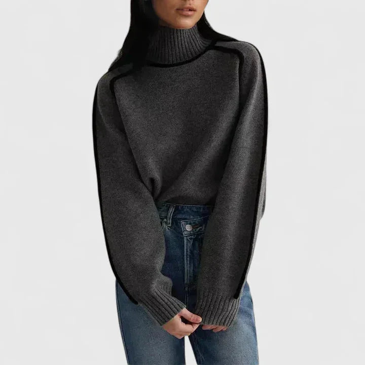 Women's knit roll neck sweater with contrast piping
