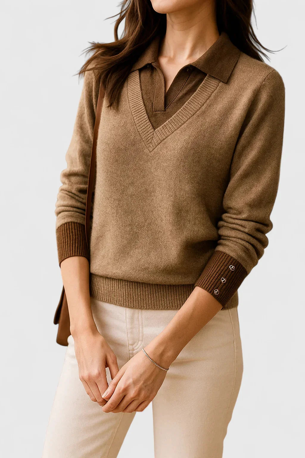 Women's knit collared sweater with contrast v-neck