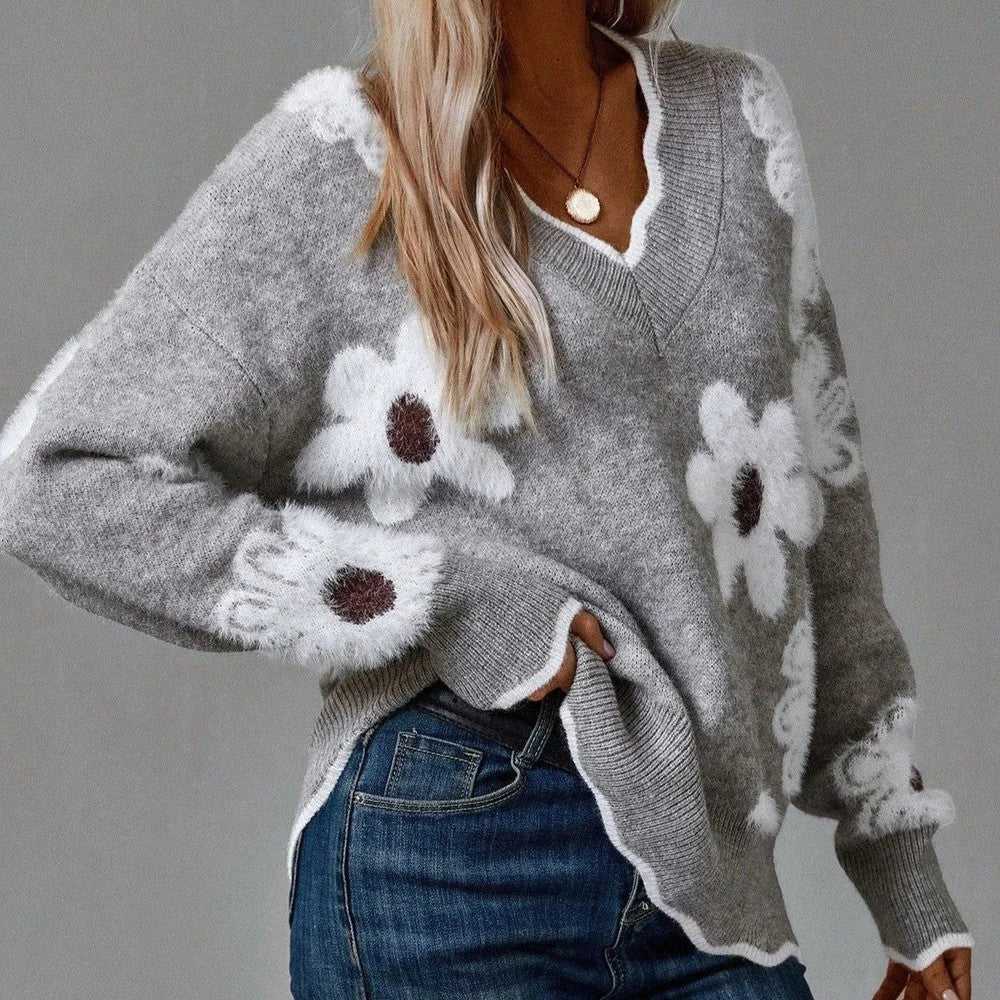 Women's floral knit v-neck sweater with scalloped trim