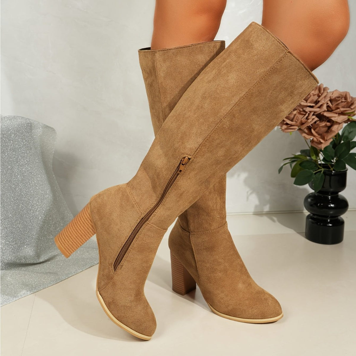 Elif | Wide Calf Block Heel Knee High Boots for Women