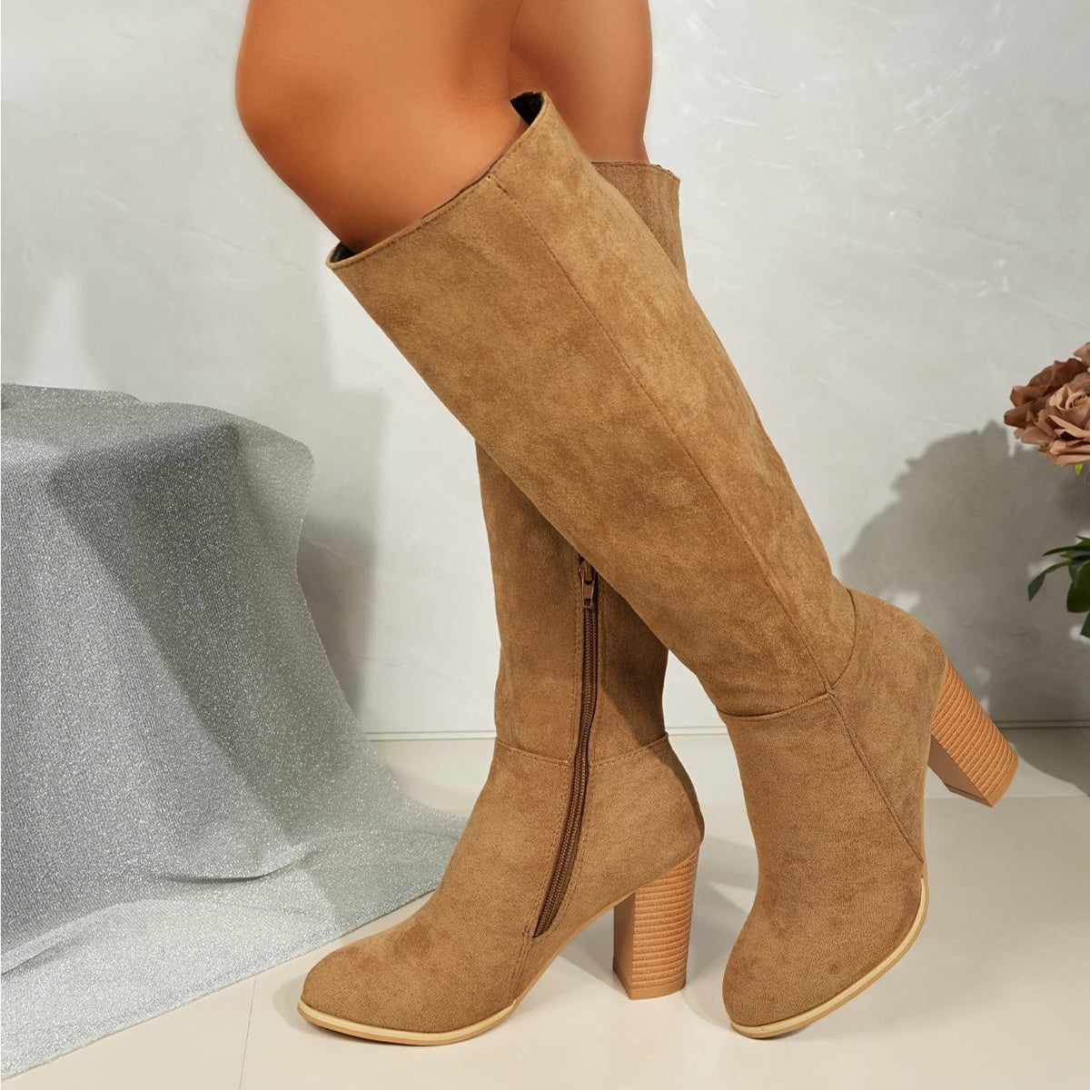 Elif | Wide Calf Block Heel Knee High Boots for Women