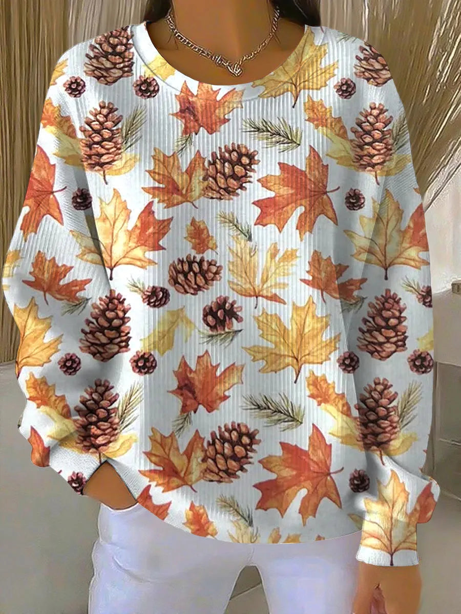 Women's ribbed crew neck sweater with autumn leaves and pinecones