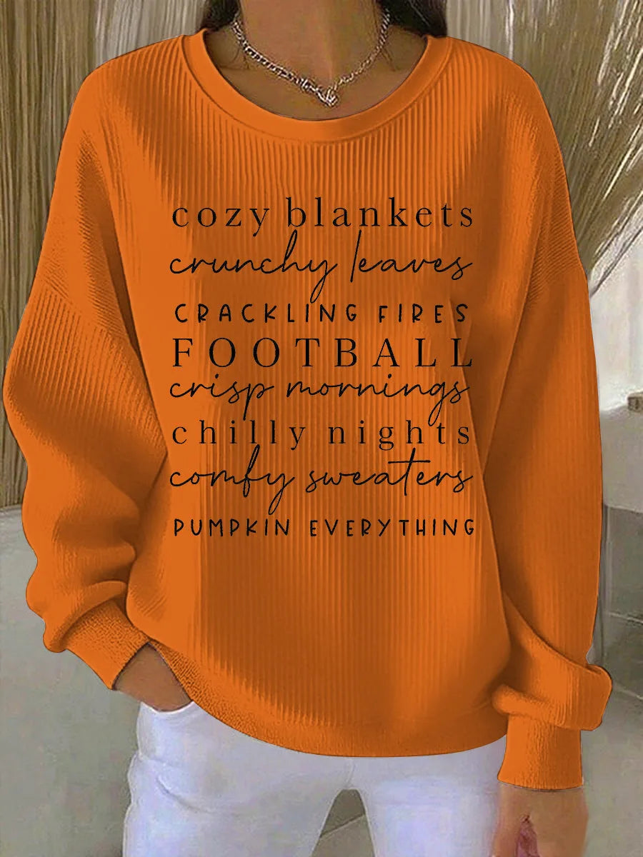 Women's ribbed crew neck sweater with text print front