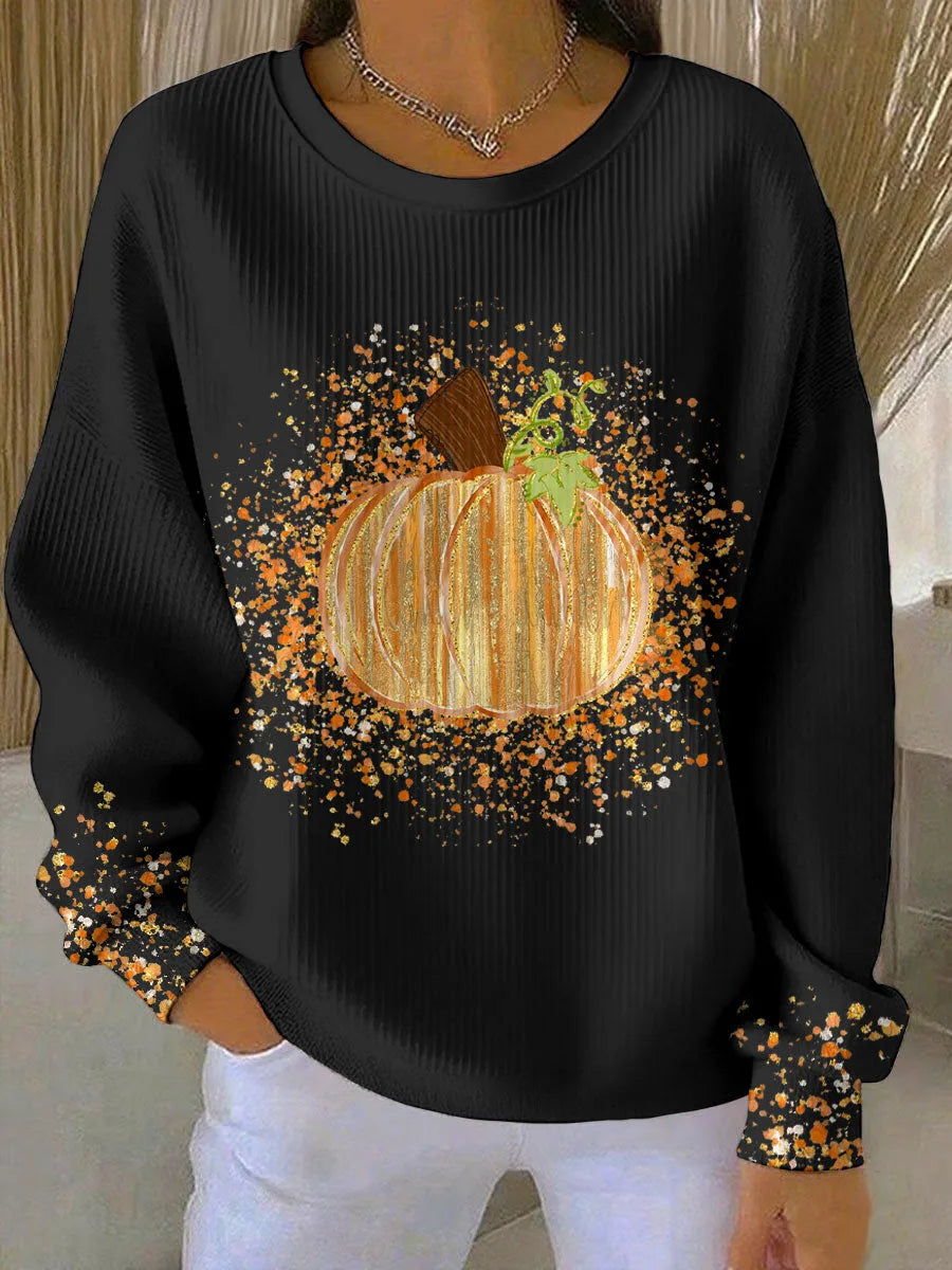 Women's ribbed crew neck sweater with pumpkin graphic