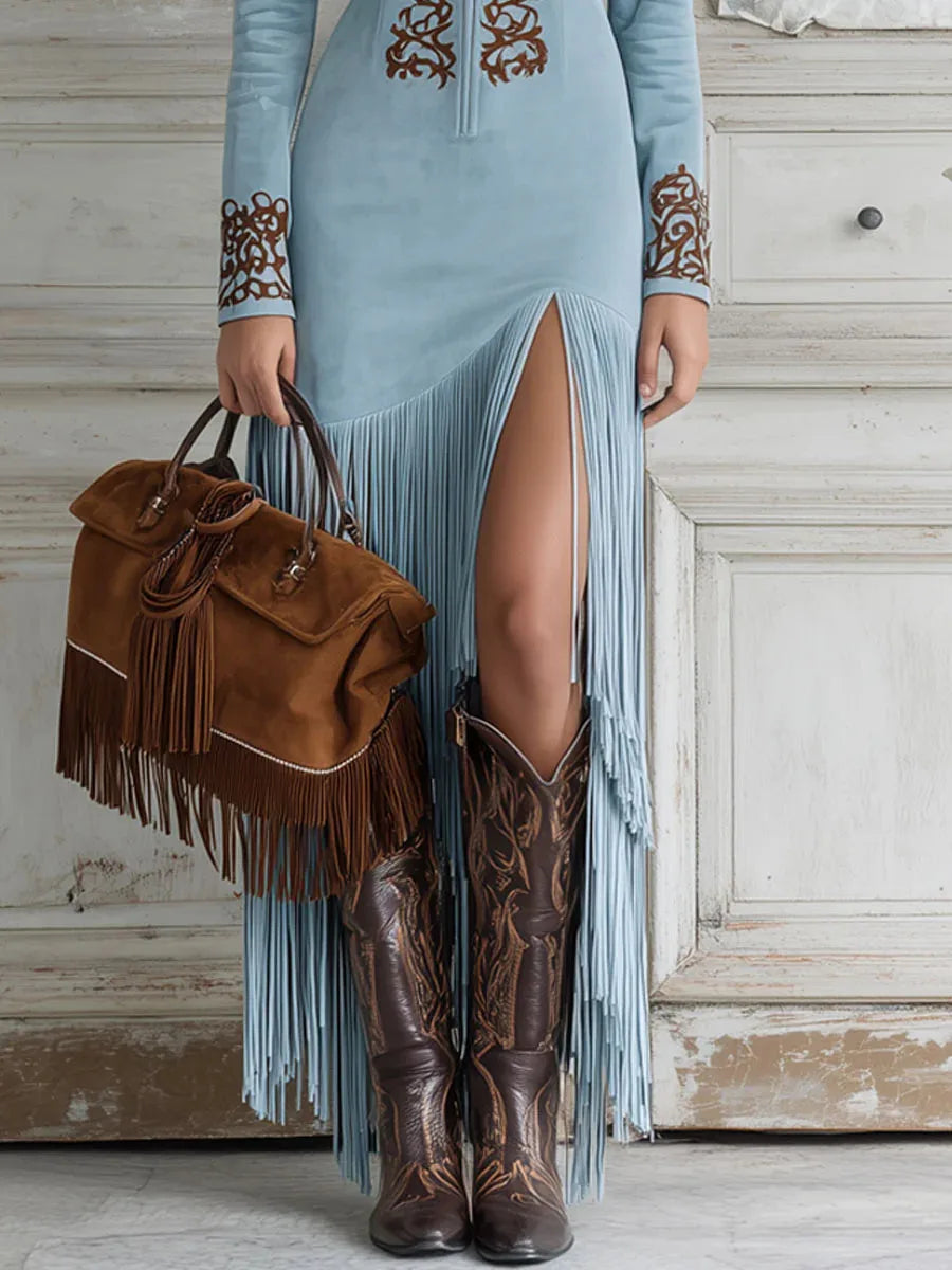 Suede Fringe Maxi Dress