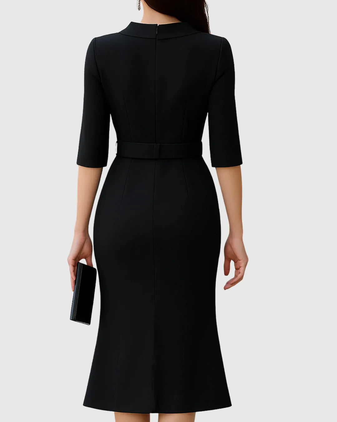 Women's Belted Mock Neck Midi Dress with Split Sleeves