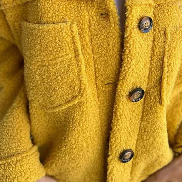 Women's borg button-front collared jacket with patch pockets