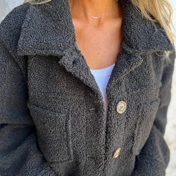 Women's borg button-front collared jacket with patch pockets
